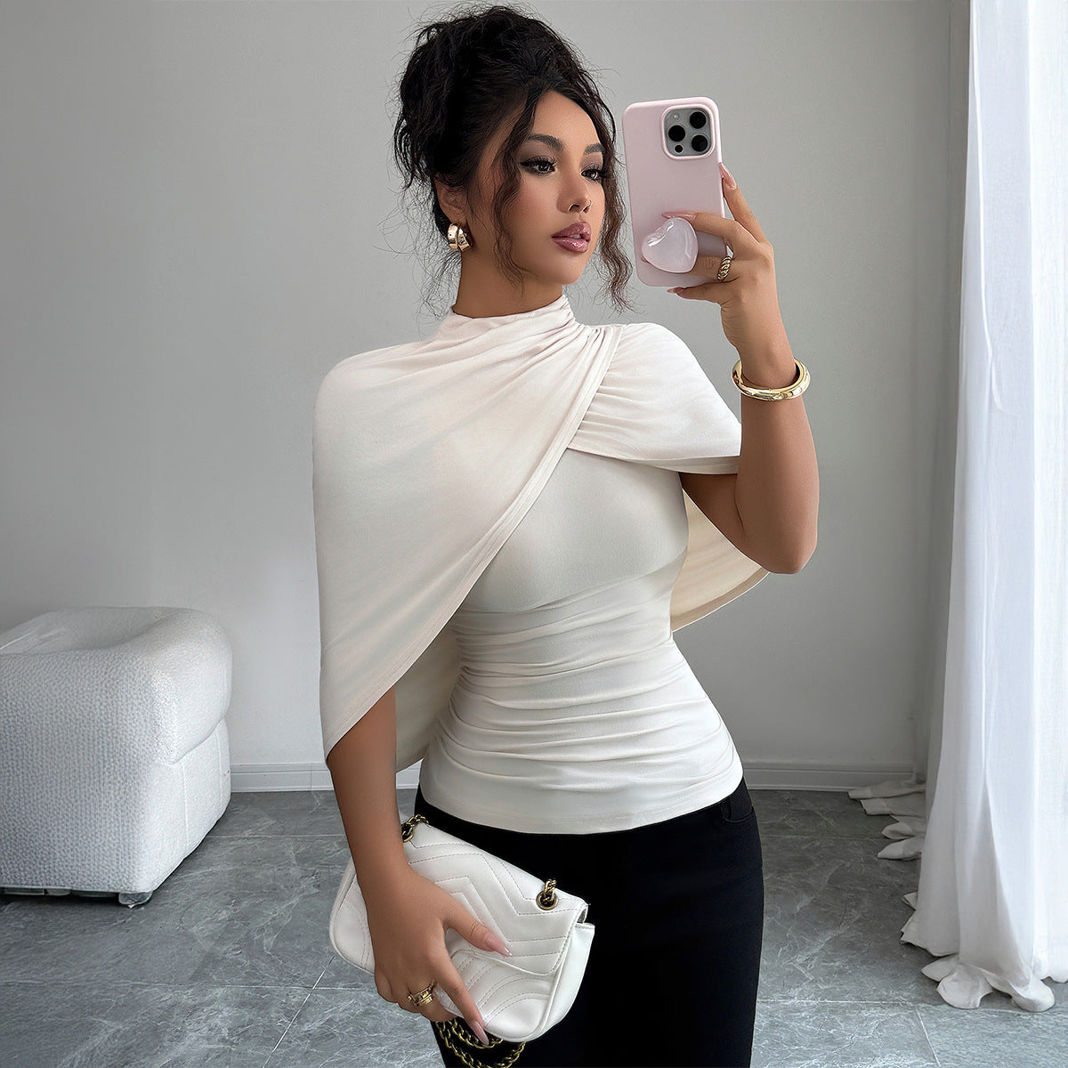 Solid Color Shawl Short-sleeved T-shirt Women's Autumn And Winter Advanced