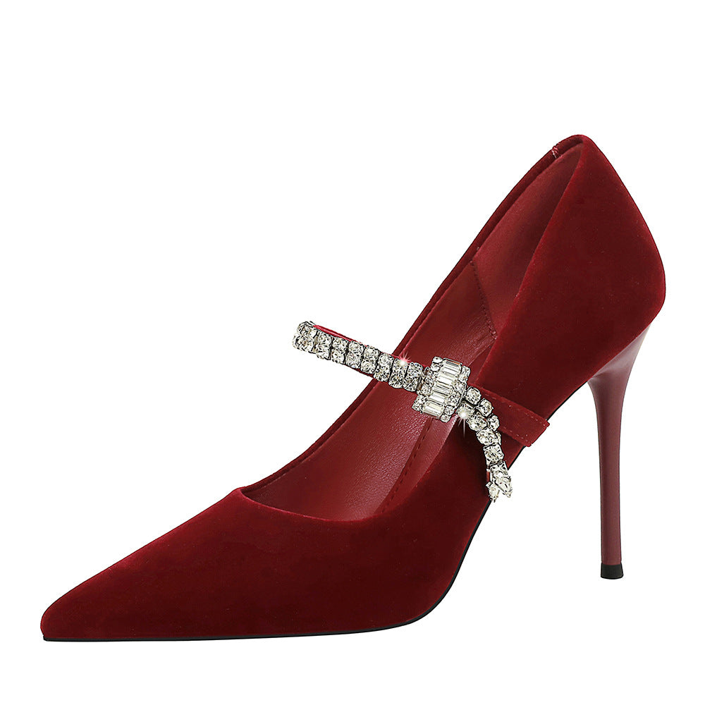 Pointed Toe Shallow Vamp Single Shoes With Rhinestone Strap Suede Commuting Shoes Banquet Shoes