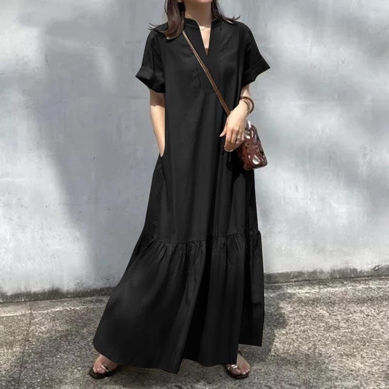 Women's Stand Collar Short Sleeve V-neck Placket Loose Fishtail A-line Long Dress
