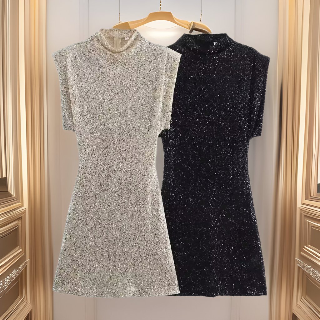 Sequins Decorated Sleeveless Shoulder Pad Sequin Dress