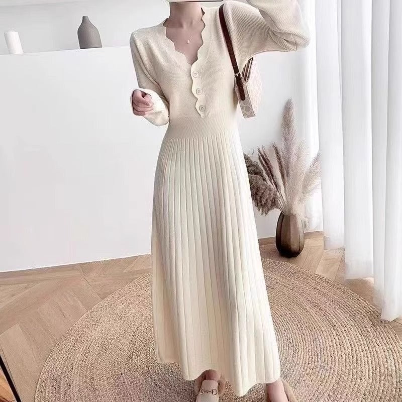 Women's Fashionable Waist-cinching Knitted Long-sleeve Dress