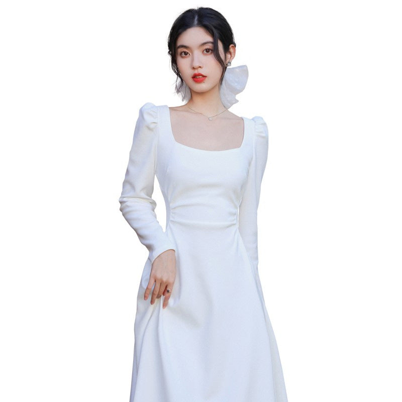 Unique White French Women's Square Neck Dress
