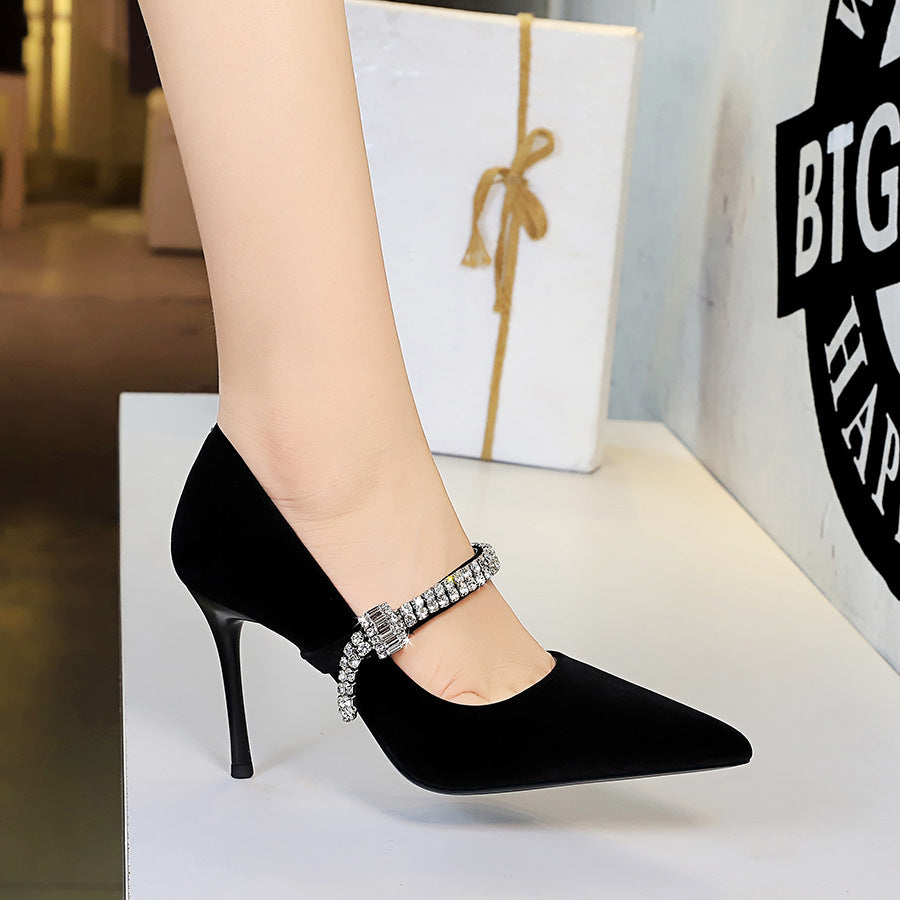 Pointed Toe Shallow Vamp Single Shoes With Rhinestone Strap Suede Commuting Shoes Banquet Shoes