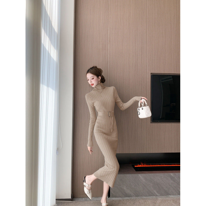 Elegant High-neck Sweater Paired With A High-waisted Stretchy Figure-hugging Knit Sheath Dress
