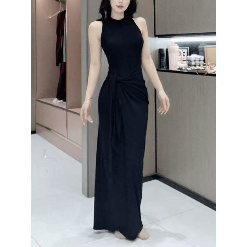 Womens Solid-Color French-Style Resort-Ready Sleeveless Two-Piece Look Dress