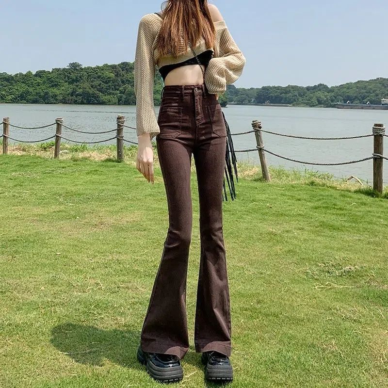 Stretchy High Waist Slimming Design Sense High Street Bell-bottom Pants Tide