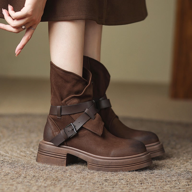 Brown Retro British Style Ankle Boots Autumn Winter