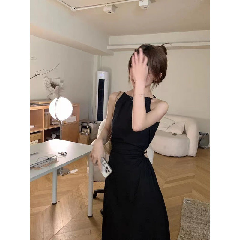 Womens Hollowed-Out Midriff-Baring Halter-Neck Slip Dress