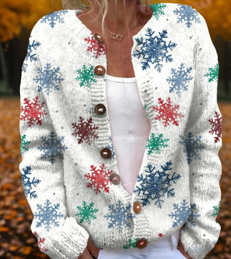 Round Neck Sweater Christmas Button Cardigan Long Sleeve Sweater