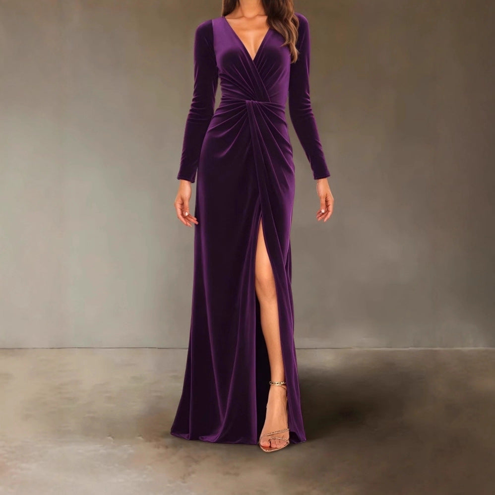 V Neck Pleated Sheath Dress With An Elegant Slit And A Figure Hugging Fit