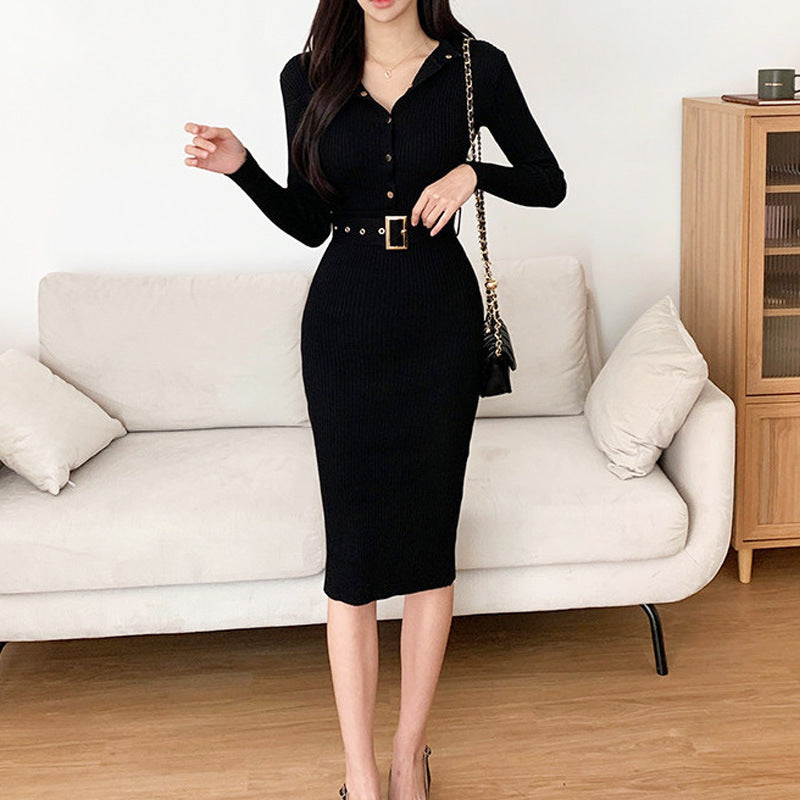 Turtleneck Slim-fit Long-sleeve Knitted Bodycon Dress With Belt For Women