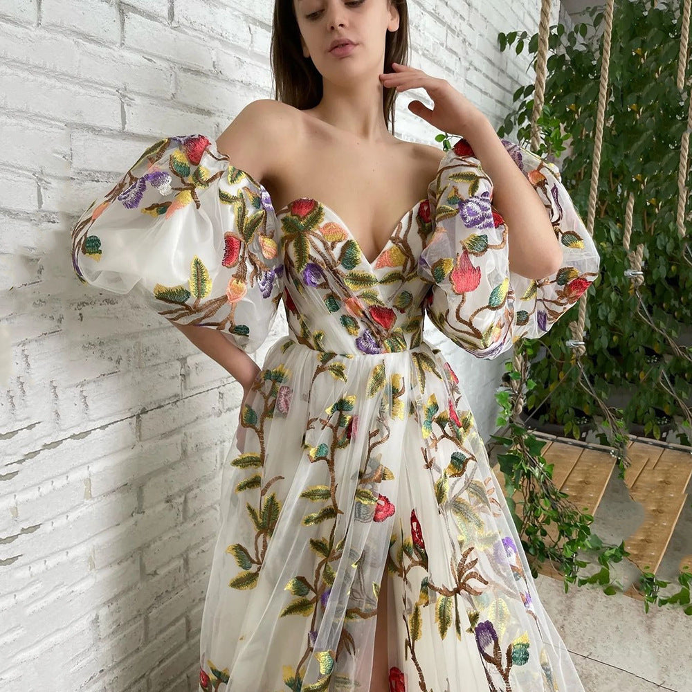 Off-shoulder Slit Embroidered Elegant Mesh Maxi Dress