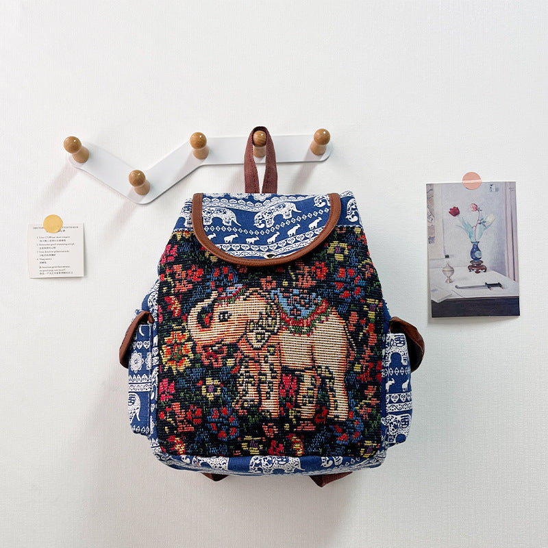 Special Drawstring Elephant Embroidered Backpack With Drawstring Buckle Cover