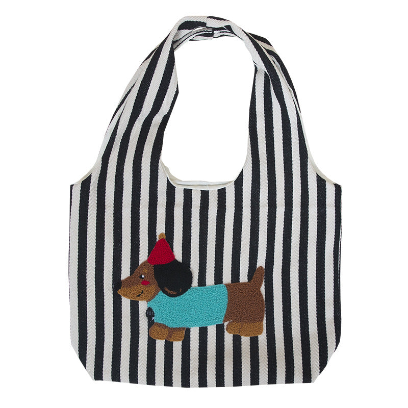 Cute Cartoon Embroidery Puppy Shoulder Bag Fashion Striped Hand-carrying Canvas Bag