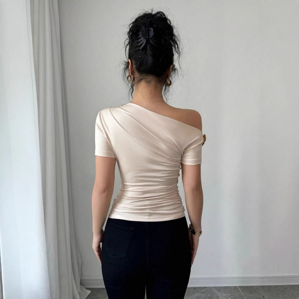 Shoulder Metal Decorative Pleating Short-sleeved T-shirt