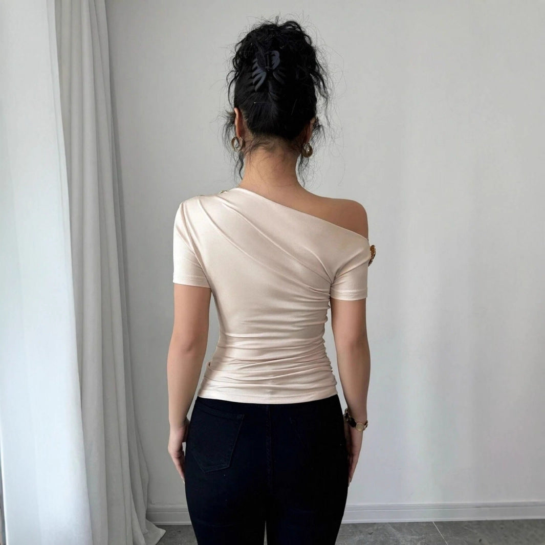 Shoulder Metal Decorative Pleating Short-sleeved T-shirt