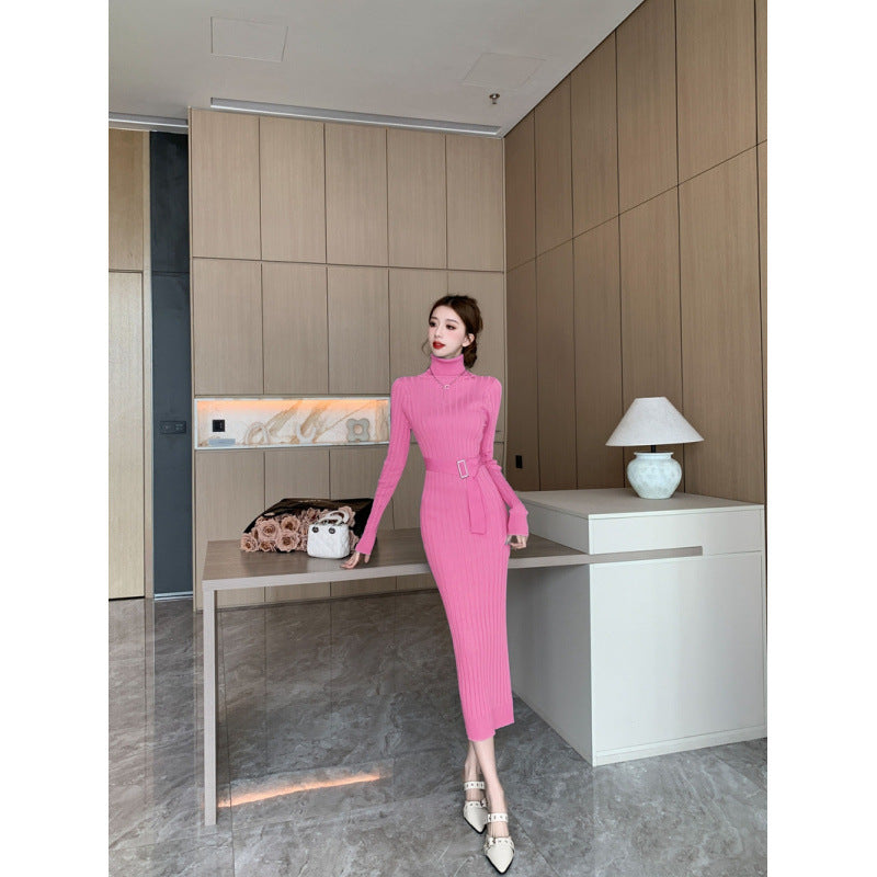 Elegant High-neck Sweater Paired With A High-waisted Stretchy Figure-hugging Knit Sheath Dress