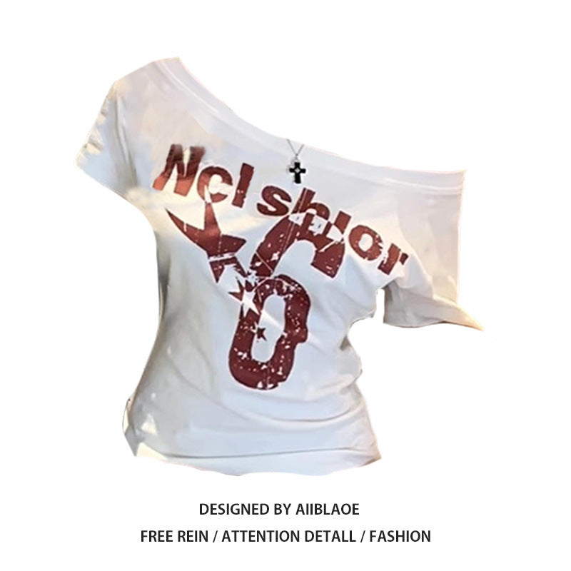 Oblique Shoulder Printed Short Sleeve Summer Slim-fit Crop-top