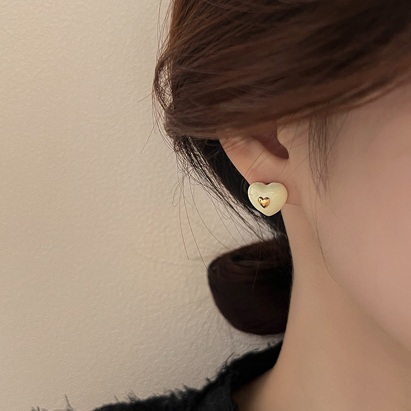 Vintage Red New Year Heart Silver Needle Earrings