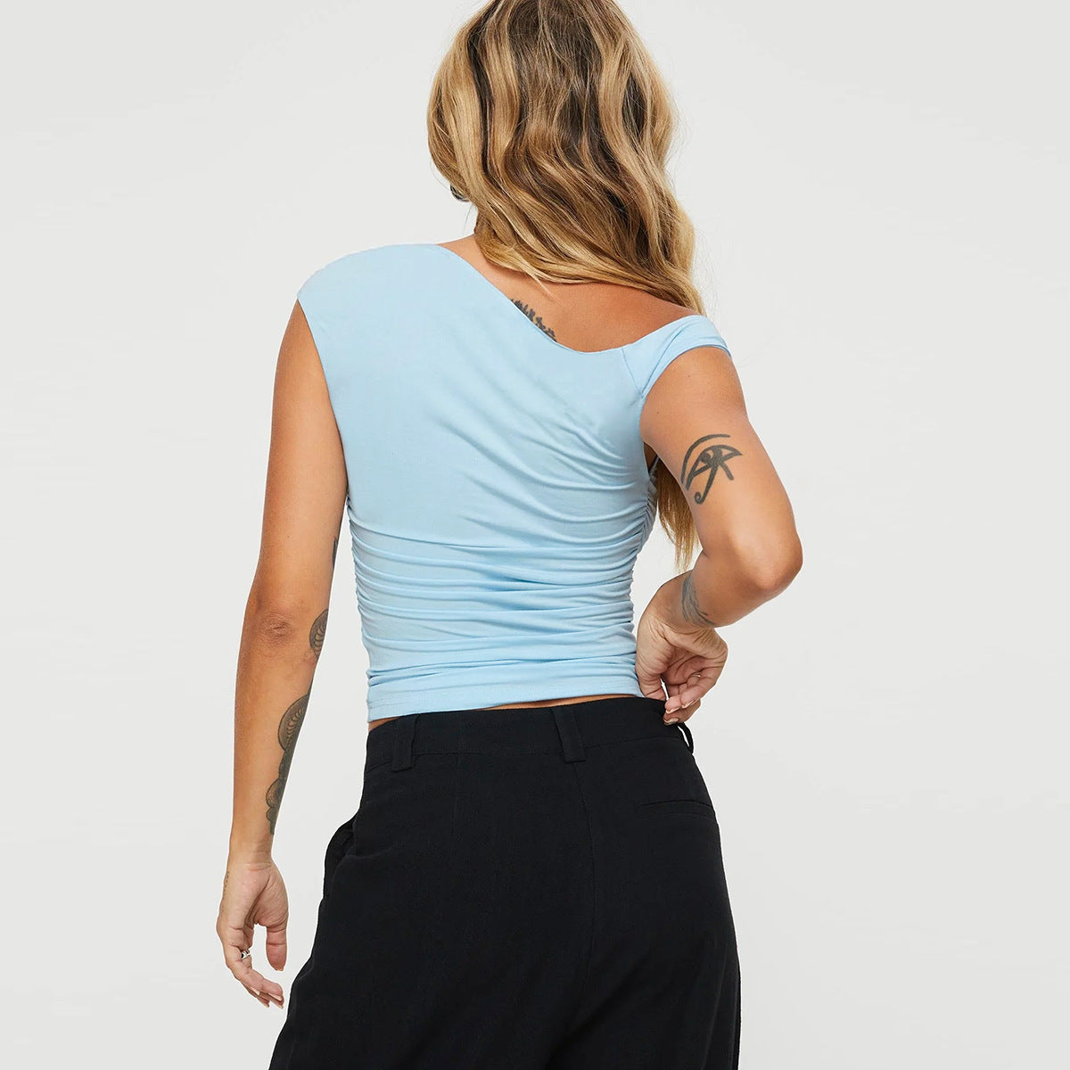 Sexy Oblique Collar Pleated Slim-fitting Sleeveless Irregular Top