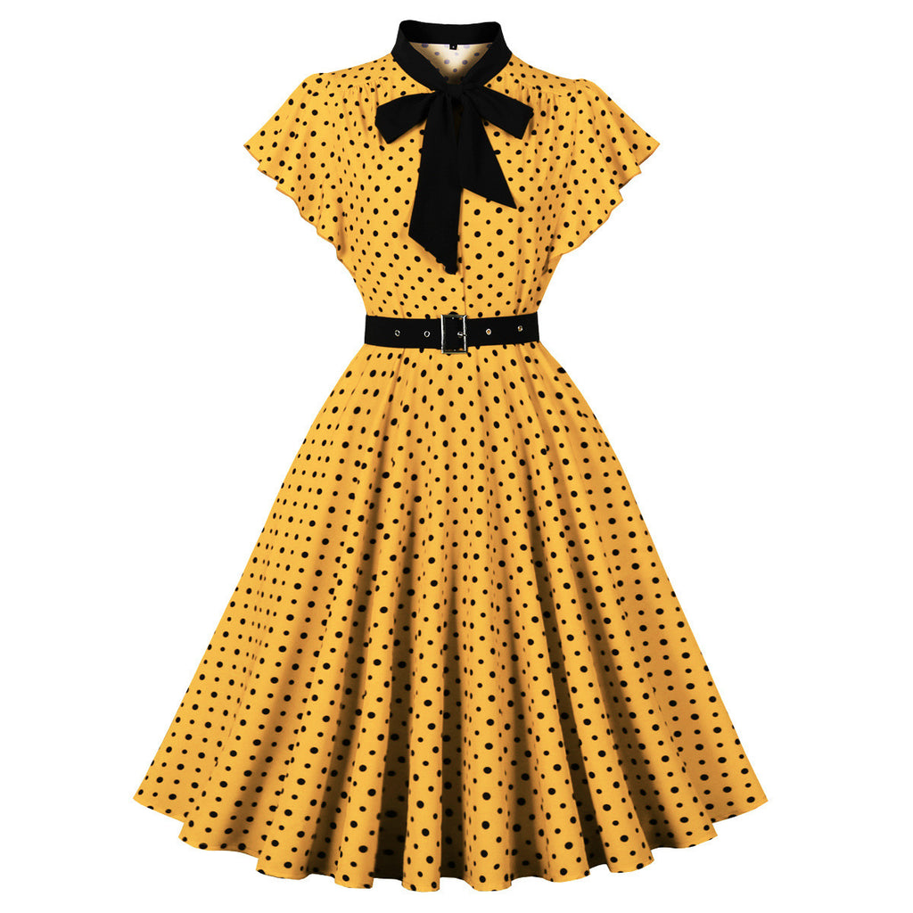 Retro Polka Dot Round-neck Knee-length Slim Dress