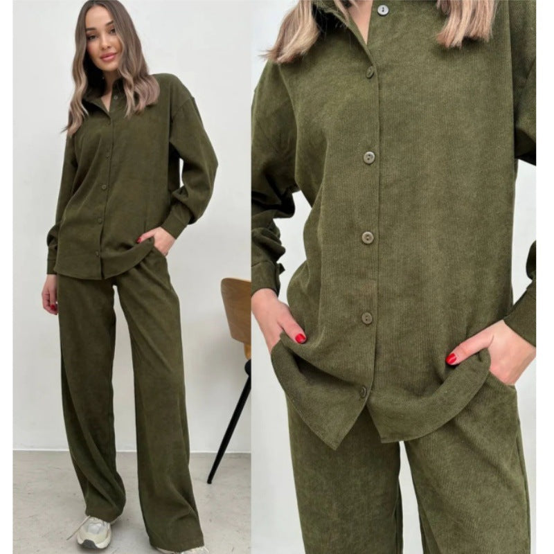 Casual Long-sleeve Top And Elastic-waist Pants Two-piece Set
