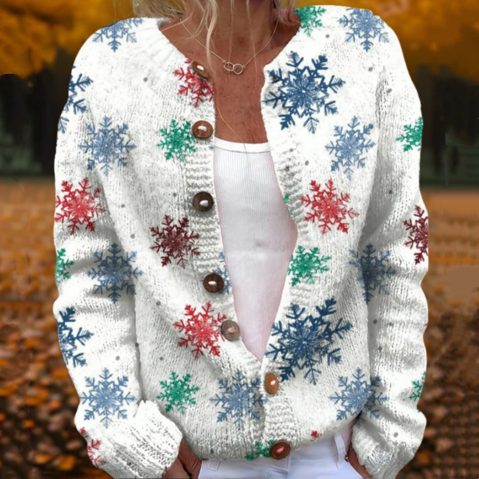 Round Neck Sweater Christmas Button Cardigan Long Sleeve Sweater