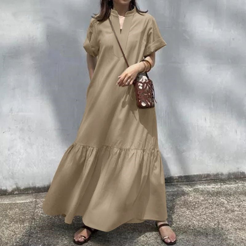 Women's Stand Collar Short Sleeve V-neck Placket Loose Fishtail A-line Long Dress