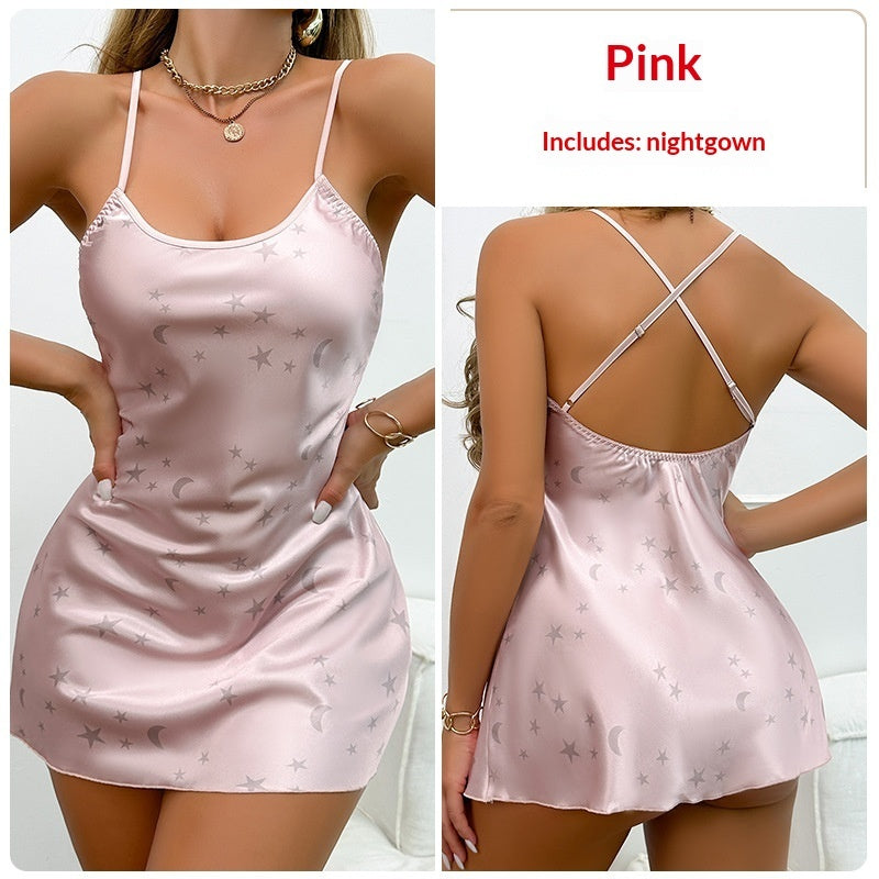 Womens Simple Printed Ice Silk Camisole Nightdress