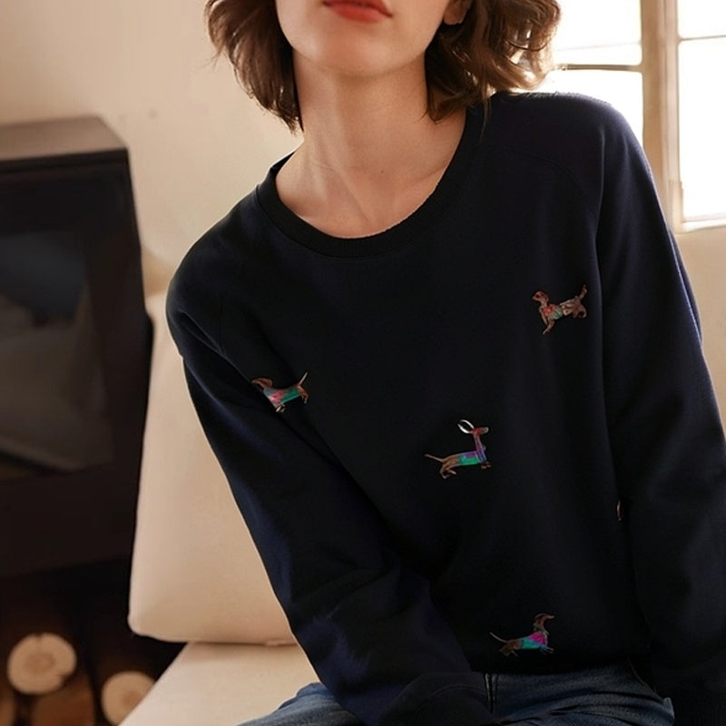 Embroidered Dachshund Dog Loose Fit Oversized Round Neck Pullover Fleece Sweatshirt