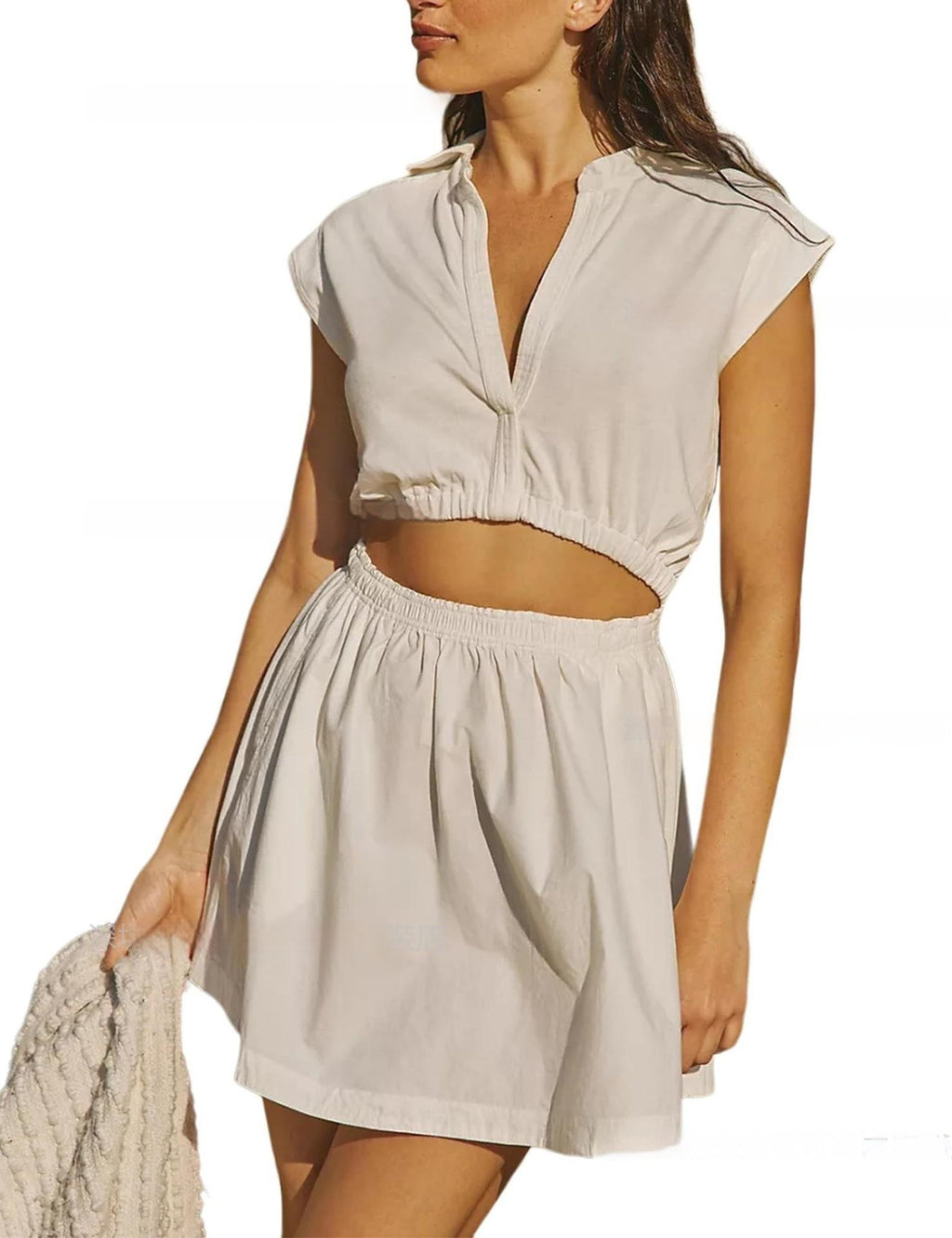 Womens V-neck Solid-Color Cleverly Defined Waistline Turn-Down Collar Midriff-Baring Short Dress