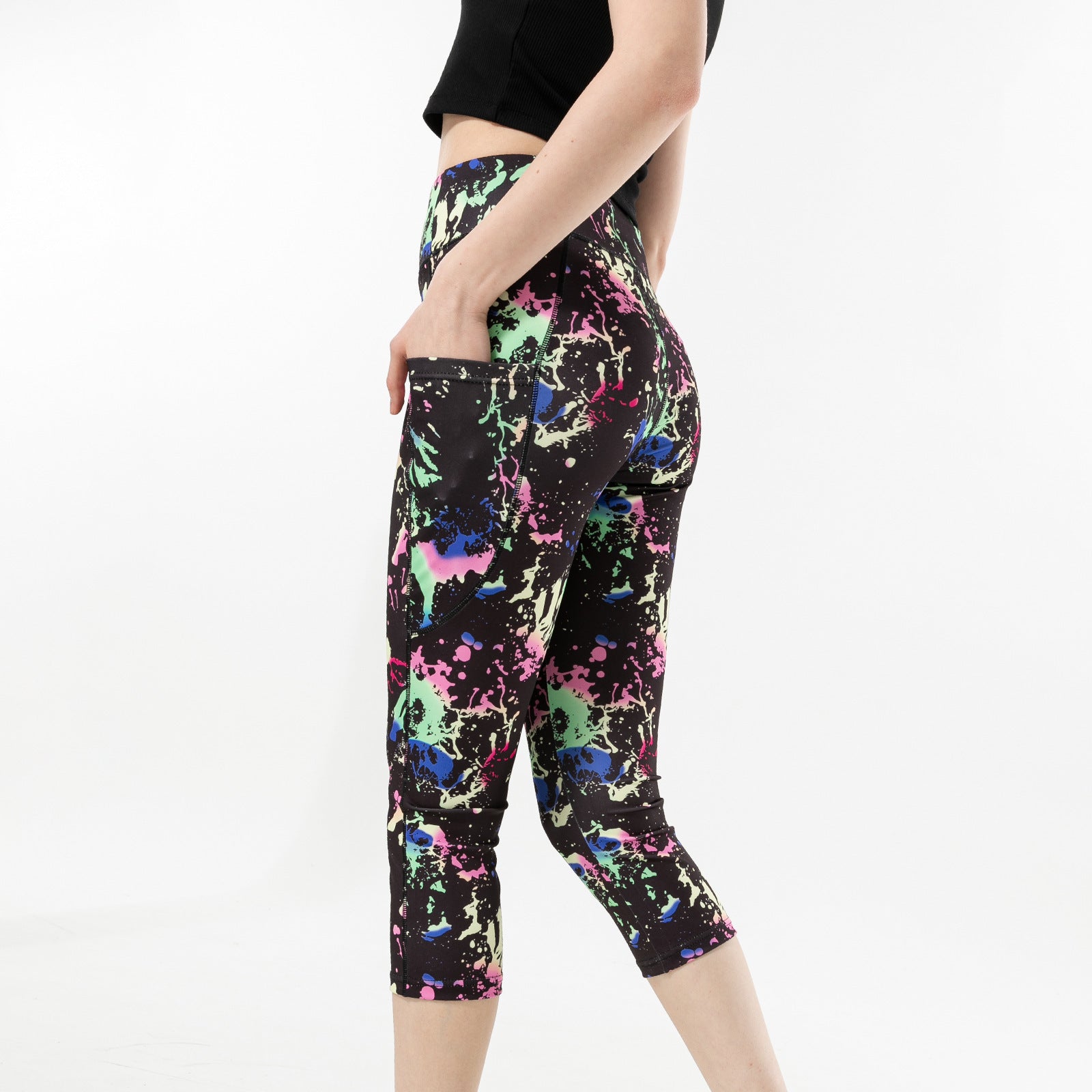 Three-color Water Drop Print Yoga Pants Pocket Cropped Leggings