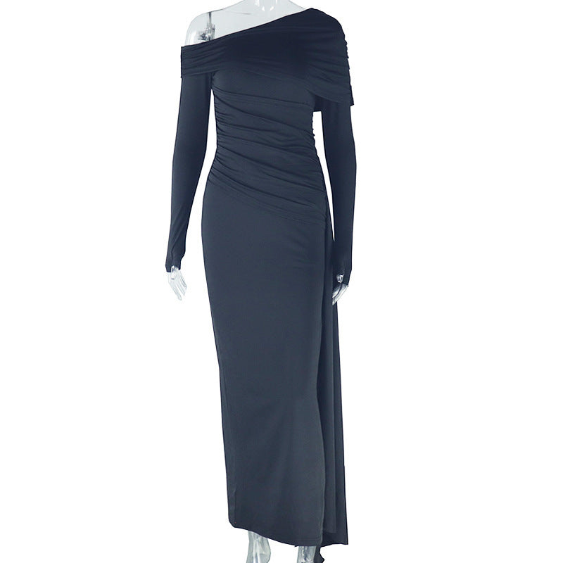 Women's Solid Color Dress With Diagonal Neckline Exposing One Shoulder Long Sleeve