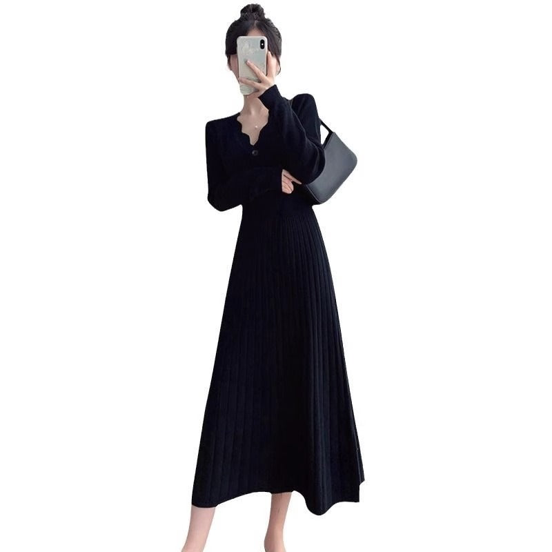 Women's Fashionable Waist-cinching Knitted Long-sleeve Dress