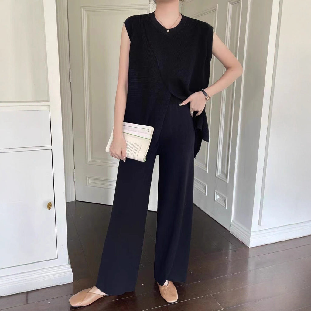 Sleeveless Crew-Neck Slim-Fit Striped Knit Top And Wide-Leg Pants Set