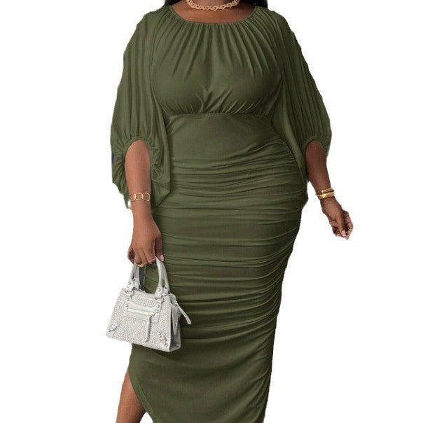 Solid Color Round Neck Raglan Sleeve Fashionable Shirred Long Dress