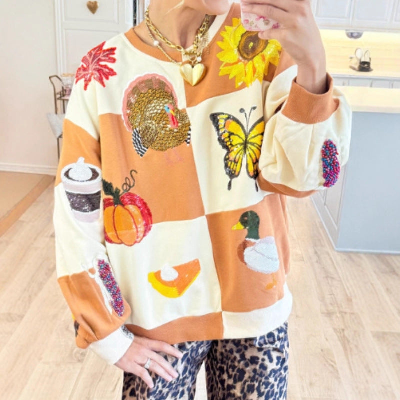 Pumpkin Butterfly Bouquet Duck Print Women's Round Neck Sweatshirt