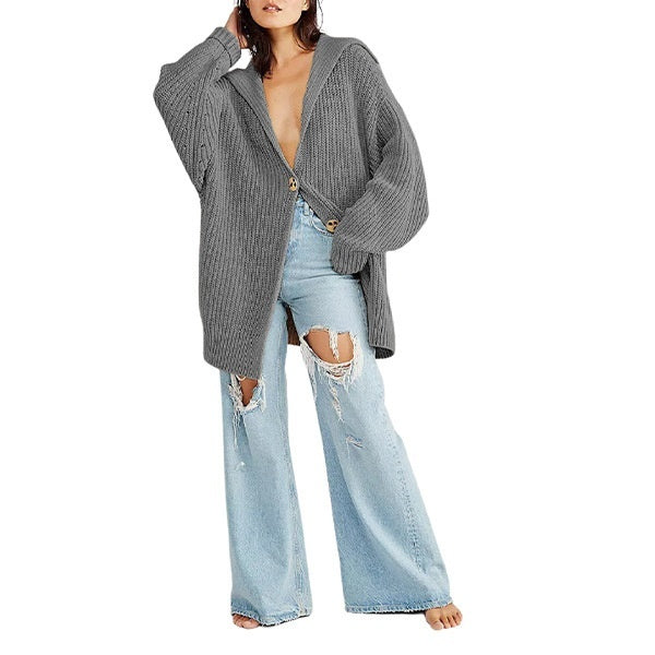 Women's Fashionable Lapel-Neck Loose-Fit Plus-Size Sweater Coat