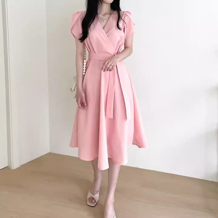 Women's Solid-Color French-Style Cross-Neckline Lace-Up Bud Dress