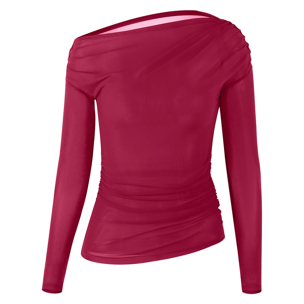 Oblique Shoulder Mesh Yoga Shirt Pleated Sports Top