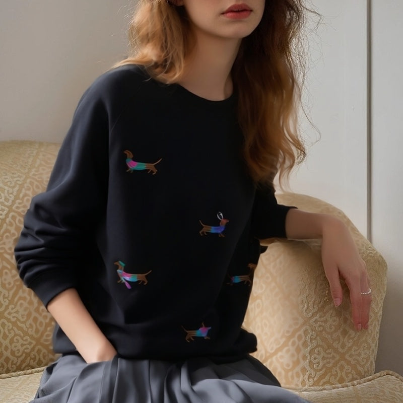 Embroidered Dachshund Dog Loose Fit Oversized Round Neck Pullover Fleece Sweatshirt