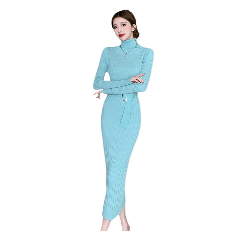 Elegant High-neck Sweater Paired With A High-waisted Stretchy Figure-hugging Knit Sheath Dress