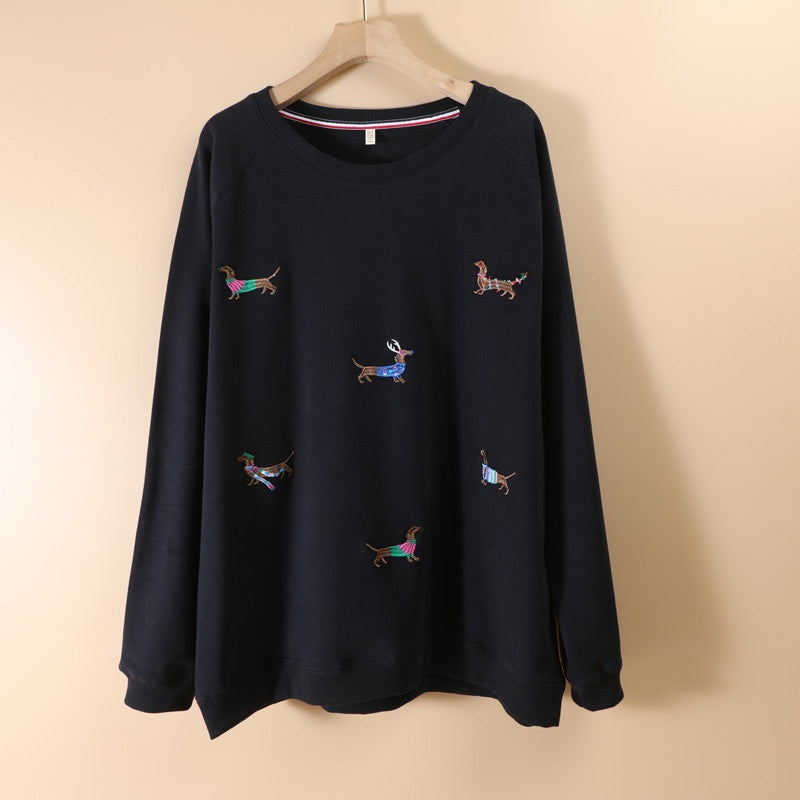 Embroidered Dachshund Dog Loose Fit Oversized Round Neck Pullover Fleece Sweatshirt