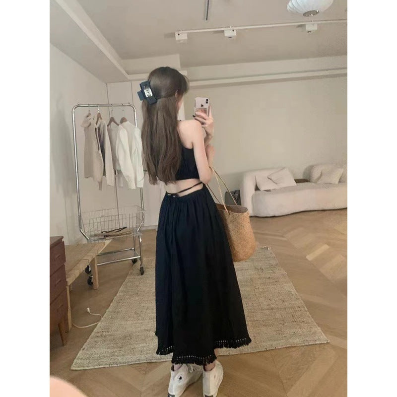 Womens Hollowed-Out Midriff-Baring Halter-Neck Slip Dress