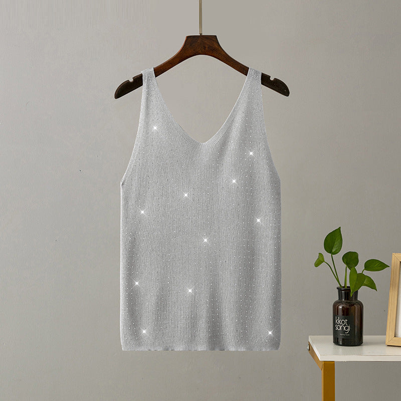 Ice Silk Knitted Bright Thread Diamond-encrusted V-neck Camisole