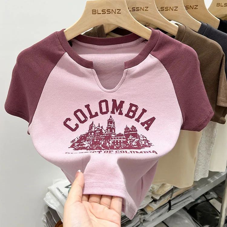 Shoulder Slimming Letters Short-sleeved T-shirt Women's Color Matching Casual Print Top