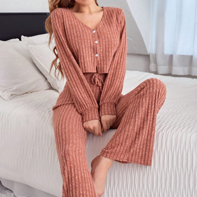 Casual Button Long Sleeve Pants Women's Pajama Set
