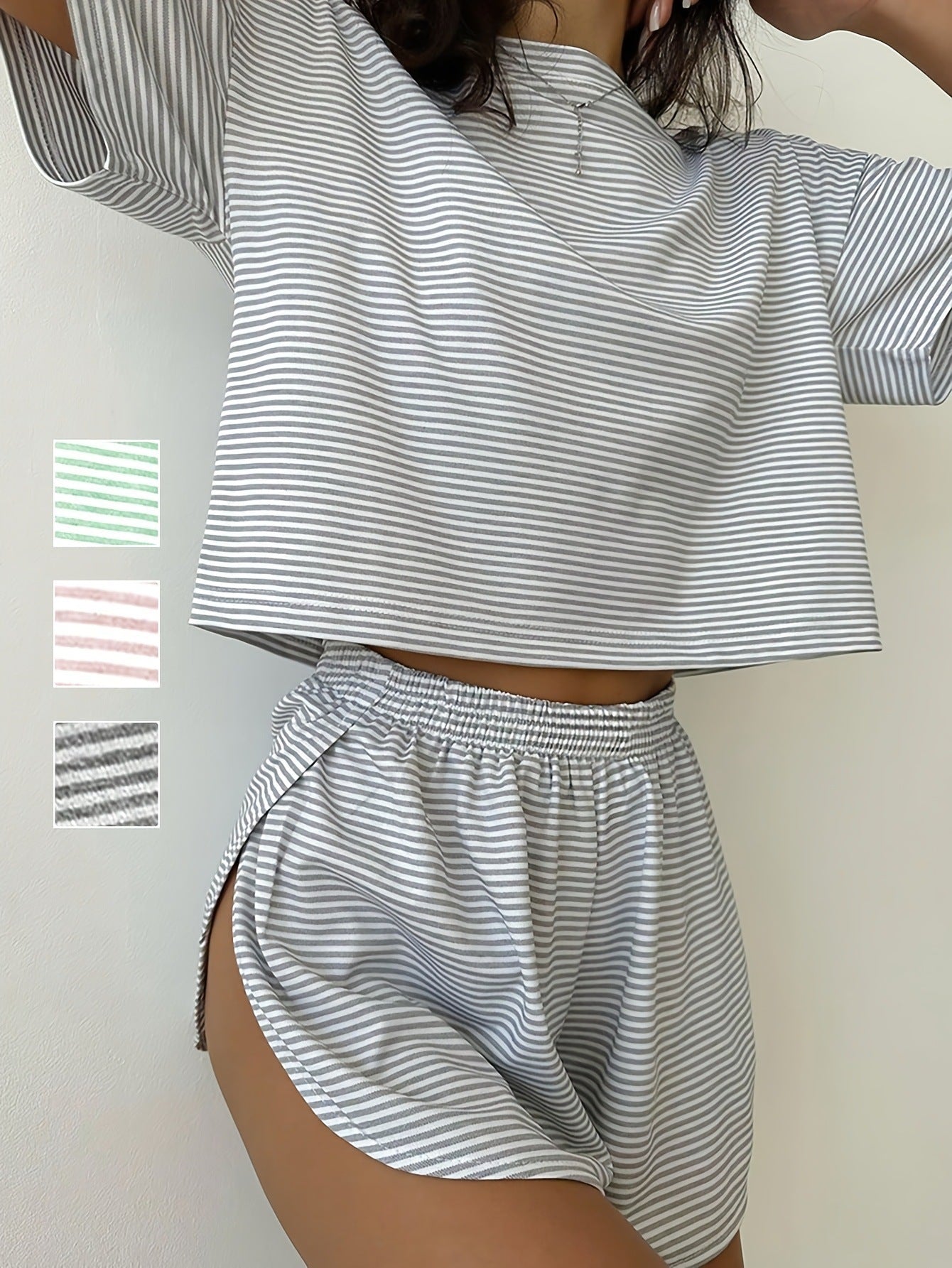 Women's Striped Casual Short-sleeved Top With Side Slit Shorts Set