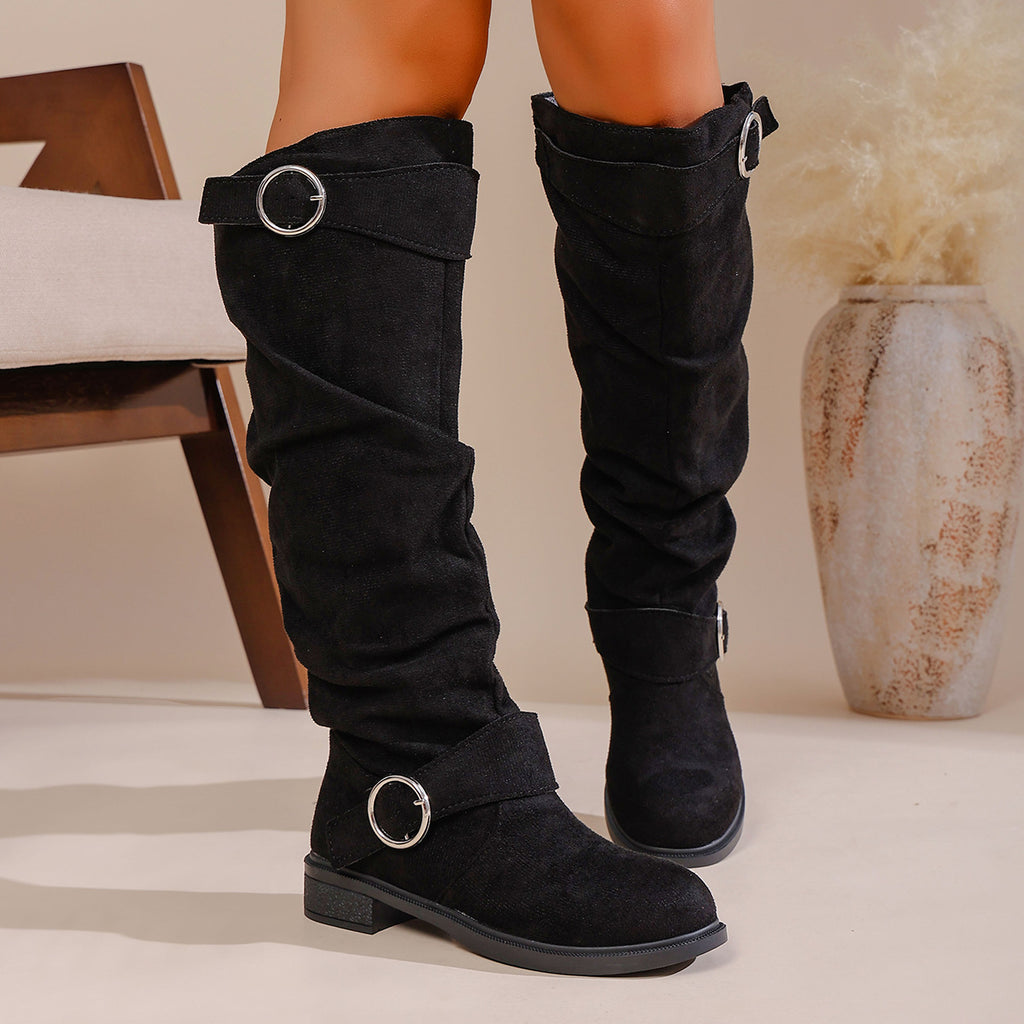 Pleated Flat-bottom Western Cowboy Boots For Women With Belt Buckle