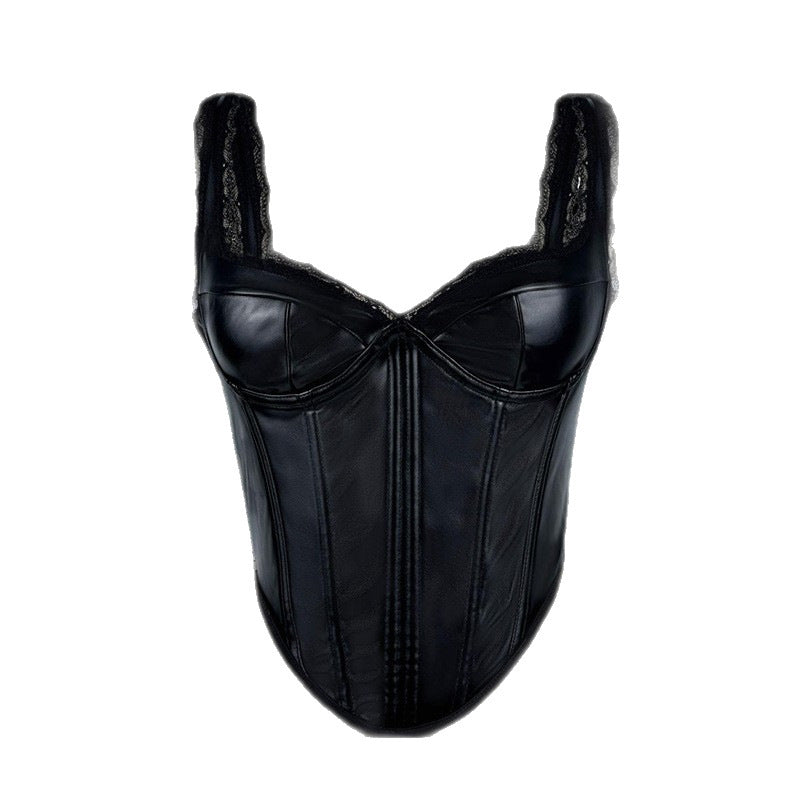 Solid Color Leather Lace Sling Basic Top